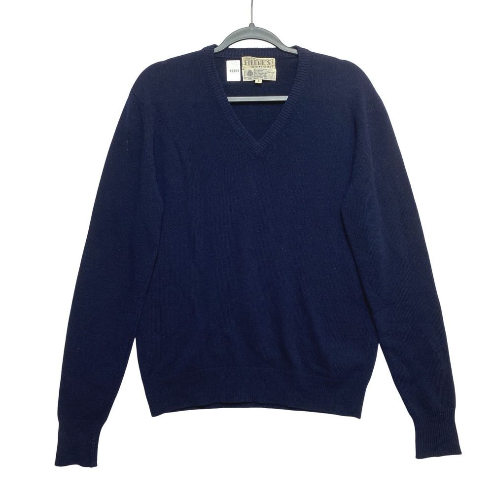 Filene's Sweater Mens L Navy Blue V-Neck Superwash Lambswool Vintage